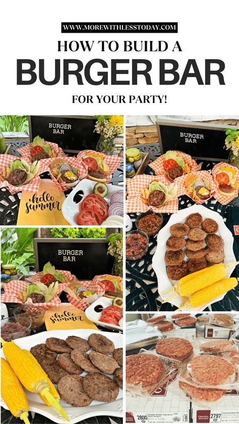 hamburgers and toppings to create a burger bar party Hamburger Bar, Build A Burger, Burger Bar Party, Hamburger Party, Hamburger Toppings, Summer Burgers, Toppings Bar, Burger Party, Juicy Hamburgers