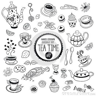 Tea time doodle elements Tea Cup Drawing, Tea Time Illustration, Coffee Doodle, Planner Doodles, Sketch Note, Coffee Illustration, Dot Journals, Bullet Journal Themes, Doodle Lettering