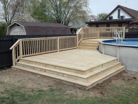 This is a custom two tiered deck with wrap around stairs we recently built around an above ground pool. They wanted the lower tier to be below the fence line while using the higher tier to keep all their pool toys. :) Winterize Above Ground Pool, Above Ground Pool Landscape Ideas, Above Ground Pool Landscape, Oberirdischer Pool, Decks Around Pools, Pool Landscape Ideas, Pool Deck Plans, Tiered Deck, Best Above Ground Pool