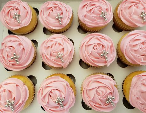 Baptism cupcakes Baptism Cupcakes Girl, Baptismal Cupcake, Confirmation Cupcakes, Pink Fitted Baptism Set, Baptism Food, Fitted Pink Baptism Set, Communion Cupcakes, Baby Shower Cupcakes Girl Pink And Gold, Baptism Desserts