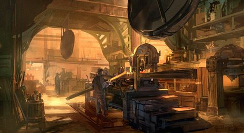 Bioshock Infinite - Finkton woodshop concept, Ben Lo on ArtStation at https://www.artstation.com/artwork/8ZNq Dnd Decor, Interior Concept Art, Factory Interior, Infinite Art, Pirate Ships, Environment Props, Interior Artwork, Bioshock Infinite, Military Drawings