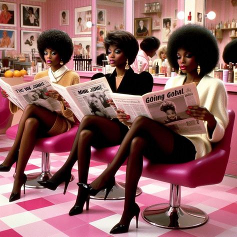 Essence Magazine Photoshoot, 90s Black Hair Salon Aesthetic, 90s Salon Aesthetic, Grease Beauty School Drop Out, Dreamgirls Aesthetic, Black Hair Salon Aesthetic, 80s Model Aesthetic, Vintage Salon Aesthetic, Black Glamour Aesthetic