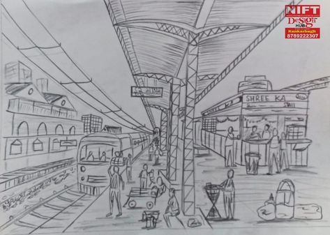 Nift cat solution #railway station #design hub #railway station drawing Railway Station Illustration Art, Railway Perspective Drawing, Bus Stop Perspective Drawing, Railway Station In One Point Perspective, One Point Perspective Railway Station, Railway Station Memory Drawing, Metro Station Drawing, Railway Station Drawing In Perspective, Railway Station Drawing Sketch