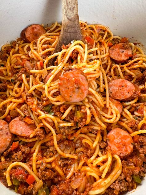 Spaghetti With Smoked Sausage, Spaghetti With Sausage Recipes, Spaghetti Sausage Recipes, Sausage And Spaghetti Recipes, Spaghetti Recipes Sausage, Spaghetti With Vodka Sauce, Easy Andouille Sausage Recipes, Italian Sausage And Marinara Sauce, Spaghetti And Sausage Recipe