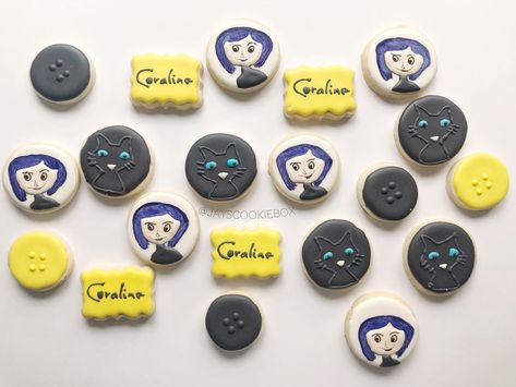 Coraline Sugar Cookies, Coraline Cookies Decorated, Coraline Cookies, Coraline Party, Coraline Birthday, Coraline Movie, Mini Cookies, 14th Birthday, Surprise Party