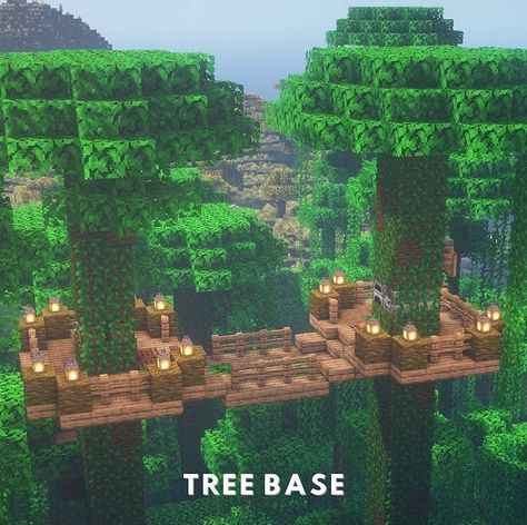 Treehouse Base Minecraft, Minecraft Tree Bridge, Treehouse Minecraft Ideas Jungle, Minecraft Treehouses Jungle, Minecraft Treehouse Village, Minecraft Jungle Village Ideas, Minecraft Jungle Bridge, Minecraft Tree Base, Jungle Biome Minecraft