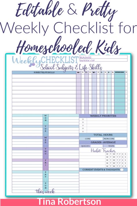 Editable and Pretty Weekly Checklist for Homeschooled Kids packs a lot of options on this one beautiful page. There are two color schemes with this one download. If you’re wanting to homeschool plan skinny or are looking for another option of lesson planning page to your homeschool planner you’ll love this weekly checklist for your homeschooled child. Check it out at Tina’s Dynamic Homeschool Plus! Homeschool Planning Printables, Homeschool Checklist, Homeschool Lesson Planner, Two Color Schemes, Homemaking Binder, Homeschool Binder, Homeschool Portfolio, Weekly Checklist, Lesson Plan Template Free