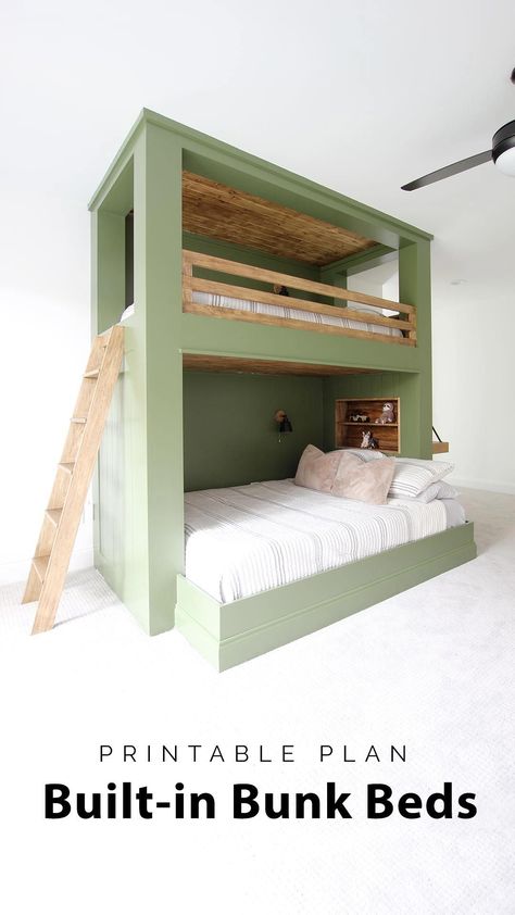 Learn how to build a built-in bunk bed like this one! #bunkbeds #bunkbedplans #diyproject #bedroom Bunk House Plans, Boys Room Bunk Beds, Bunk Bed House, Plank And Pillow, Home Layouts, Bunk Bed Plan, Bunk Bed Plans, Kids Rooms Inspo, Diy Bunk Bed