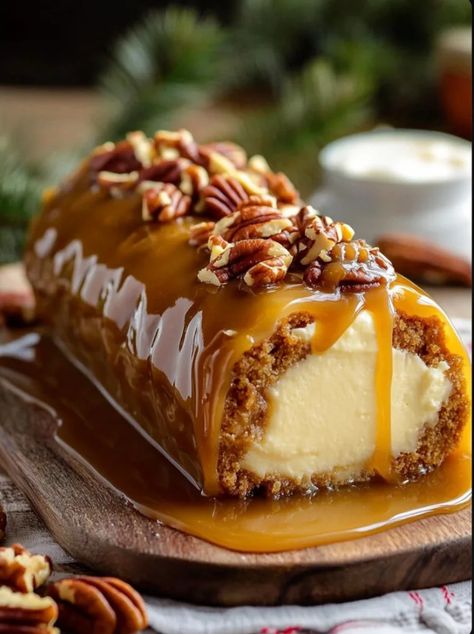 Butterscotch Yule Log Butterscotch Yule Log, Tiramisu Yule Log, Yule Desserts, Butterscotch Cheesecake, Butterscotch Frosting, Solstice Traditions, Sponge Cake Roll, Yule Log Recipe, New Years Eve Dessert