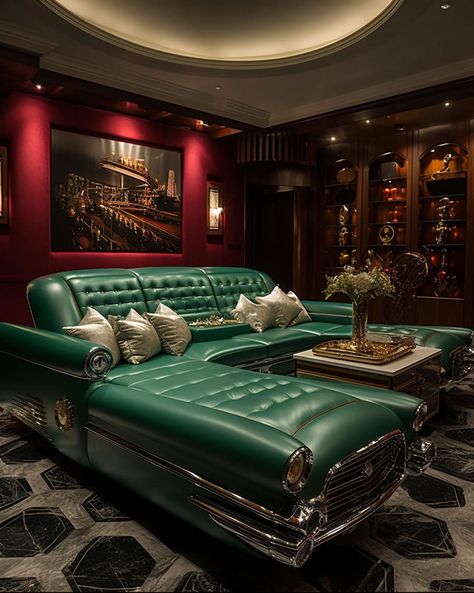 old drive in classic car inspired sofa couch dream home Sport Cars Aesthetic, Sports Car Aesthetic, Aesthetic Sport, Cars Mustang, Unusual Furniture, Car Luxury, Car Furniture, Unique Furniture Pieces, Beautiful Sofas