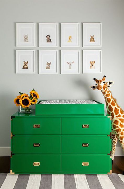 Small Nursery Decor, Green Baby Room, Campaign Dresser, Small Nursery, Contemporary Nursery, Grey Wall Color, Green Dresser, Changing Tables, Adorable Nursery