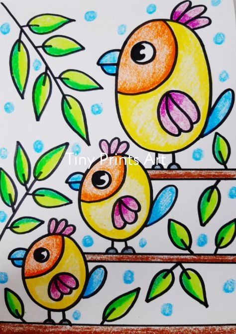 Drawings For 1st Grade, Nursery Class Drawing, Child Painting Ideas For Kids, Kids Drawing Ideas Easy Nature, Birds Drawing Easy For Kids, Birds Easy Drawing, Oil Pastel Drawing For Kids, Easy Kids Drawings, Drawings Easy For Kids