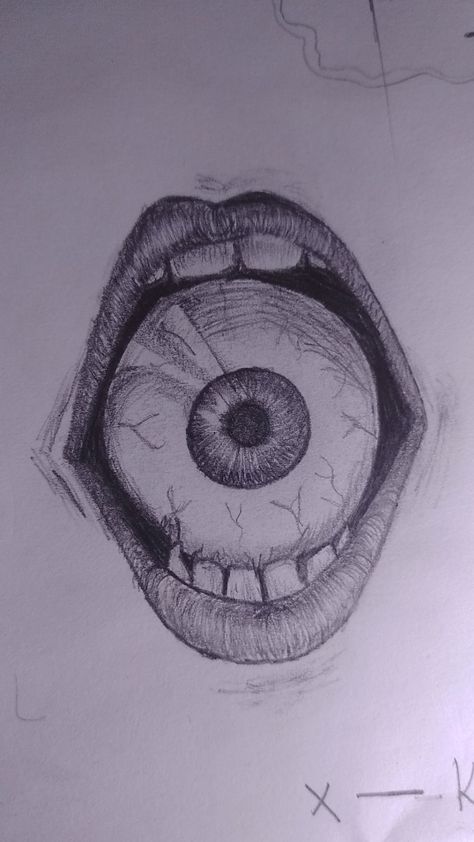 Creepy drawing Mouth Biting Something Drawing, Mouth Drawing Yelling, Creepy Lips Drawing, Eye Out Of Socket, Covered Mouth Drawing, Eye In Mouth Drawing, Shocked Mouth Drawing, Halloween Eye Drawing, Tape Over Mouth Drawing