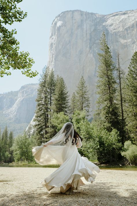 Bride dancing around in her Yosemite elopement dress at Cathedral Beach. See more elopement dress ideas and mountain elopement dress inspiration. Book Julia as your California elopement photographer at juliaminaphotography.com! Mountain Elopement Dress, Woods Elopement, Wedding Tiktok, Mountain Photoshoot, Anniversary Shoot, Yosemite Elopement, Indie Wedding, Elopement Dress, California Elopement