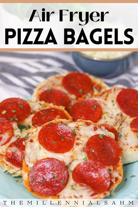 This Pizza Bagels Recipe takes all of the guesswork out of snack time and can be made in less than 10 minutes in the air fryer! Pizza Bagel Recipe, Recipe With Pepperoni, Mini Bagel Pizza, Bagel Pizza Recipe, Bagel Pizza, Pizza Bagel, Daycare Meals, Pepperoni And Cheese, 2024 Meals