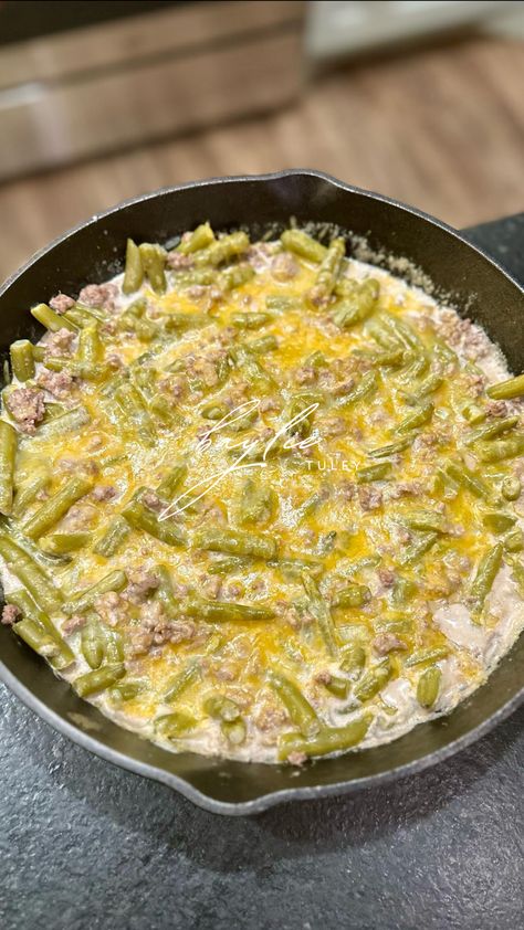 Ground Beef Green Bean Cheesy Skillet — Baylie Mindset Mentor Keto Ground Beef And Green Beans, 1 Lb Hamburger Meat Recipes, Ground Beef Green Beans, String Bean Casserole, Enchilada Bowl, Turkey And Green Beans, Mindset Mentor, Protein In Beans, Ground Beef Pasta