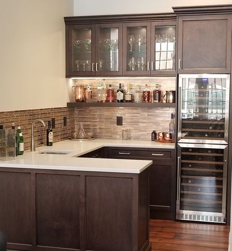 This amazing wet bar was placed in a 8 foot by 7 foot corner of our clients home.  Its the perfect size for their home and has the look and functionality for entertaining family and friends. U Shaped Wet Bar, Basement Corner Bar Ideas, Small Corner Wet Bar Ideas, Corner Dry Bar Ideas Basement, L Shaped Wet Bar, Corner Kitchenette, Basement Bar Corner, Basement Corner Kitchenette Ideas, Corner Basement Bar