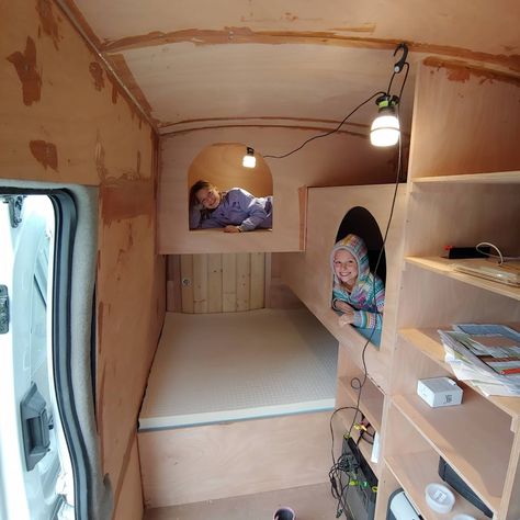 Anyone build Bunk beds in high roof Transit? Van Bunk Beds, Campervan Bunk Beds, Camper Bunk Bed Ideas, Van Conversion With Bunk Beds, Caravan Bunk Beds, Caravan Bunks, Van Conversion For Family, Camper Bunk Beds, Rv Bunk Beds