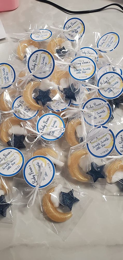 Gender Reveal Ideas Moon And Stars, Gender Reveal Moon And Stars Theme, Star Favors, Star Themed Gender Reveal Party, Stars Gender Reveal Party, Moon And Star Gender Reveal Decor, Moon Baby Shower Favors, Twinkle Twinkle Baby Shower, Moon Party