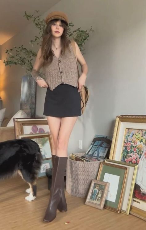 Vest As Shirt Outfit, Brown Button Vest Outfit, Vest Outfits Skirt, Vest Outfits With Skirts, Autumn Vibes Outfit, Warm Weather Winter Outfits, Fall Warm Outfits, Sweater Vest And Skirt Outfit, Skirt And Vest Outfits