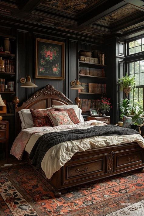 Outlander Room Aesthetic, Dark Academia Room Green, Dark Academia Bedroom Inspo Vintage, Cottagecore House Interior Bedroom, Bedroom Inspo Dark Wood, Dark Academia Bed Room, Dark Green Vintage Bedroom, Dark Antique Bedroom, Earthy Dark Bedroom