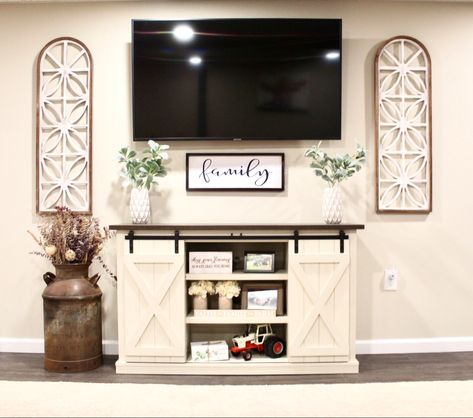 Tv Stand Styling Farmhouse, Decorating Under Mounted Tv, Tv Stand Farmhouse Decor, Entertainment Center Decor Farmhouse, Side Of Tv Wall Decor Farmhouse, Living Room Decor Around Tv Mounted, Sides Of Tv Decor, Farmhouse Decor For Tv Stand, Modern Farmhouse Tv Stand Decor Ideas