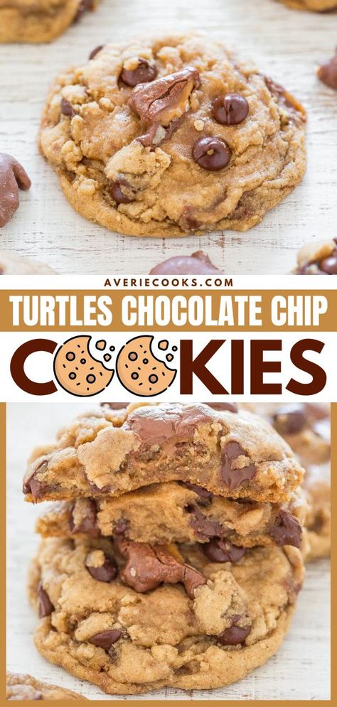 Don't miss out on these TURTLES® Candies Chocolate Chip Cookies! They will become one of your favorite holiday baking recipes. Not only are these bakery-style Christmas cookies soft and chewy, but they are also loaded with flavor and texture! Turtles Chocolate, Turtle Cookies Recipe, Cookies Soft And Chewy, Cookies Stuffed, Holiday Baking List, The Best Chocolate Chip Cookies, Best Chocolate Chip Cookies, Turtle Cookies, Averie Cooks