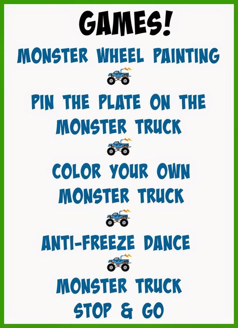 Truck Party Activities, Monster Truck Party Food, Monster Truck Theme Birthday Party, Monster Truck Games, Monster Jam Birthday Party, 3rd Birthday Party For Boy, Baking With Blondie, Game Truck Party, Monster Truck Birthday Party