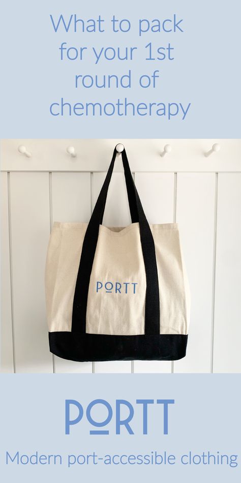 Black and white natural tote bag with Portt logo - a brand offering modern port-accessible clothing for people undergoing chemotherapy. Chemo Bag Ideas, Chemo Bag, Chemo Port, Chemo Care, Ease Your Mind, Sons Birthday, What To Pack, Packing Tips, Home Renovation