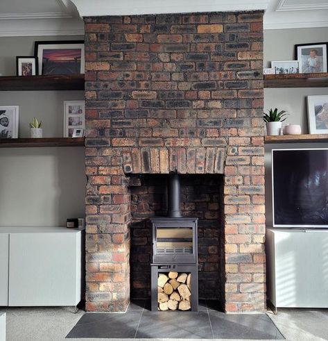 Exposed Brick Chimney Breast, Exposed Brick Chimney, Brick Chimney Breast, Dark Green Kitchen, Brick Chimney, Log Store, Fire Places, Garden Inspo, Chimney Breast