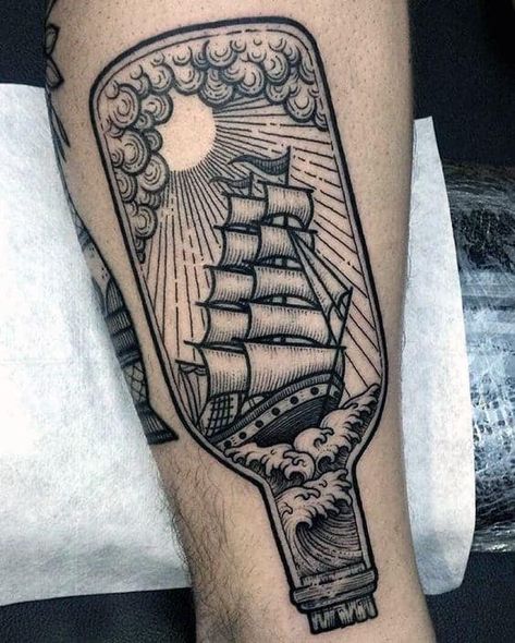 60 Ship In A Bottle Tattoo Designs For Men - Maritime Art Ideas Traditional Tattoos Ship, Ship In A Bottle Tattoo, In A Bottle Tattoo, Hai Tattoo, Ship In A Bottle, Best Ship, Pirate Tattoo, Bottle Tattoo, Traditional Tattoo Sleeve