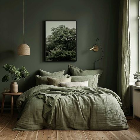 Dark Green Scandinavian Bedroom, Dark Green Bedroom Ceiling, Green Monochrome Bedroom, Green Dark Wood Bedroom, Grey And Dark Green Bedroom, Dark Sage Bedroom, Studio Green Bedroom, Dark Green Themed Bedroom, Dark Grey And Green Bedroom