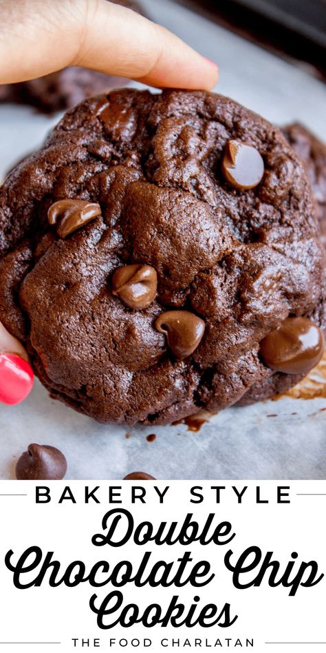 Double Chocolate Chip Cookie Recipe from The Food Charlatan. Seriously guys. You will never need another double chocolate chip cookies recipe! This one is SO thick and fudgy, and basically what chocolate lover dreams are made of. It's beyond soft, and so moist it puts some bakery cookies I've had to shame. Before you even start baking make sure you have a gallon of milk on hand, because you're not making it through one of these without a tall glass. Perfect for adding to holiday cookie plates! Chocolate Biscuit Recipe, Double Chocolate Chip Cookie Recipe, Bacon Biscuits, Double Chocolate Chip Cookie, Double Chocolate Cookies Recipe, Fudge Chocolate, Bakery Cookies, Chocolate Biscuits, Chocolate Chip Cookies Recipe