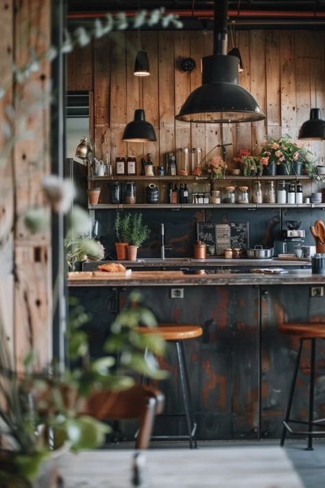 If you're looking to jazz up your kitchen with that irresistible industrial vibe, you're in for a treat! Discover 10 stunning industrial kitchen ideas that mix rustic charm with urban design. From exposed brick walls to sleek metal fixtures and cozy wooden counters, each suggestion will inspire you to transform your cooking space into a stylish haven. Perfect for homes of all sizes, these ideas prioritize functionality while making your kitchen a welcoming space for gathering and enjoying good meals. Let's get inspired! Utilitarian Interior Design, Rustic Industrial Restaurant, Industrial Cottagecore, Industrial Loft Kitchen, Industrial Kitchen Ideas, Industrial Rustic Decor, Industrial Decor Kitchen, Good Meals, Eclectic Industrial