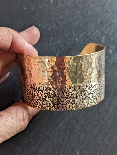 Wide Bronze Cuff Bracelet With Sunflowers and a Hammered Texture - Etsy Cooper Bracelets, How To Make A Cuff Bracelet, Bronze Cuff Bracelet, Silver Cuff Ring, Silversmithing Jewelry, Copper Cuff Bracelet, Copper Cuff, Bronze Jewelry, Copper Bracelet