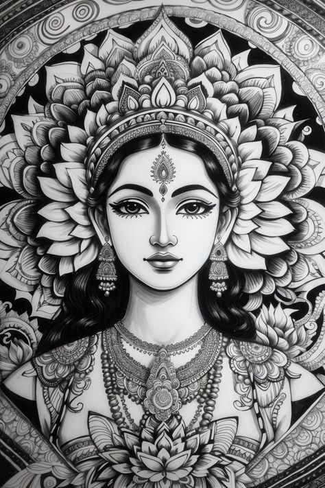 Lakshmi Goddess Art, Drawing Ideas Goddess, Lakshmi Devi Sketch, Indian Goddess Sketch, Hindu Goddess Drawing, Lakshmi Tattoo Design, Lakshmi Devi Drawing, Goddess Drawing Pencil, Indian Goddess Drawing