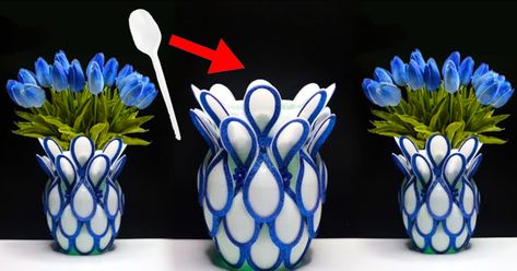 I would have no idea that this plastic spoon flower vase was made out of a plastic bottle and spoons. This is a great way to use the best out of waste or items that you may have lying around the house. This DIY plastic spoon flower vase tutorial by Lista Tsurayya on YouTube is so easy to follow alon Recycling Plastic Spoons, Craft With Spoons, Recycled Flower Vase, Spoon Art Diy Projects, Plastic Spoon Flowers, Flower Vase Ideas For Home, Flower Vase Ideas, Plastic Spoon Art, Best Out Of Waste Ideas