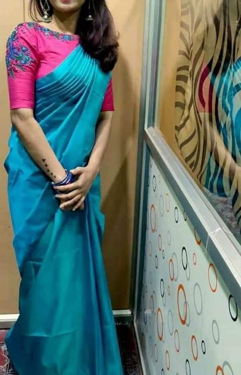 Blue Colour Saree With Contrast Blouse, Sky Blue Colour Blouse Designs, Sky Blue Saree Contrast Blouse Colour, Sky Blue Saree Contrast Blouse, Sky Blue Blouse Designs, Blue Saree Contrast Blouse, Ladys Dress, Saree Contrast Blouse, Sky Blue Saree