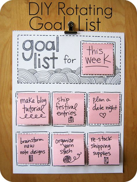 Oh I am IN LOVE with this!!  A DIY Rotating Goal List -- I'll be making my own soon thank you very much!  :) Dorm Diy, Goal List, Bullet Journaling, Life Organization, Goal Setting, My New Room, Cleaning Tips, Organization Hacks, Sticky Notes