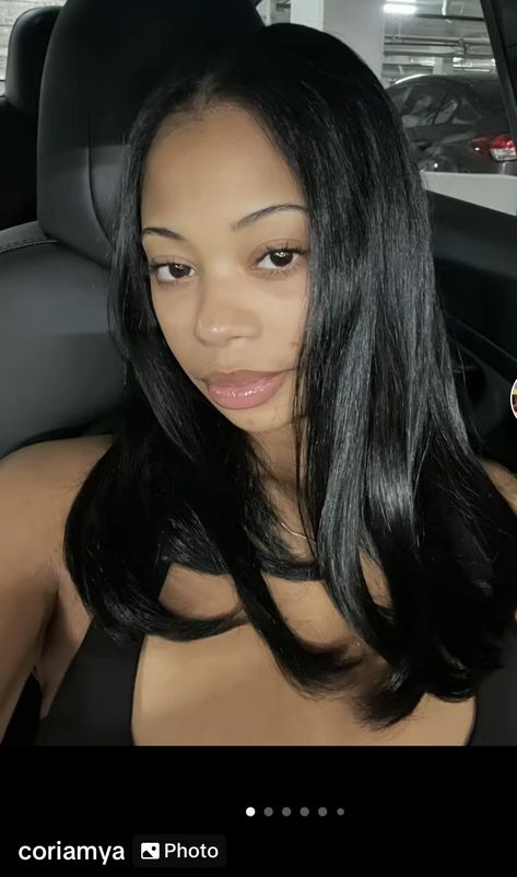 Jet Black Natural Hair Black Women, Straight Hair Bumped Ends, Deep Side Part Sew In With Leave Out, Middle Part See In Leave Out, Middle Part Silk Press, Straight Hair Aesthetic, Straight Hair Black Women, Layers Medium Hair, Bump Hairstyles