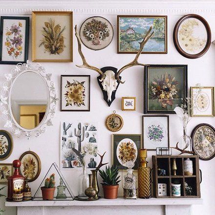 Boho Gallery Wall Thrifted Home Decor, Gallery Wall Inspiration, Interior Vintage, Gallery Wall Living Room, Boho Cottage, Deer Head, Wall Gallery, Inspiration Wall, Home Decor Pictures