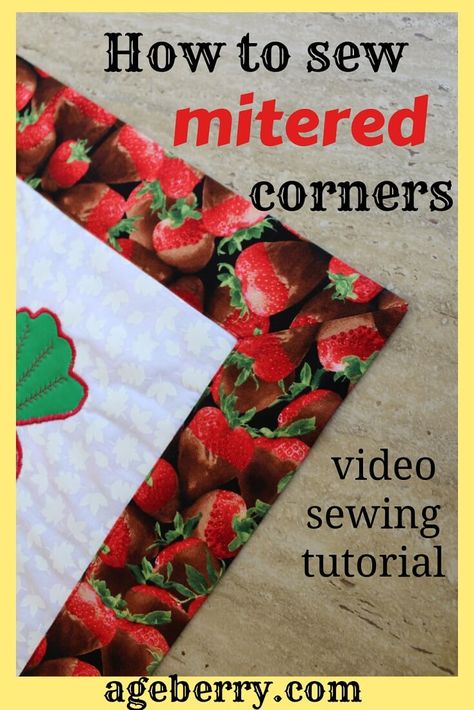 Sewing hacks: how to sew mitered corners / YouTube sewing tutorial - Ageberry: helping you succeed in sewing Sew Mitered Corners, Binding Tips, Sewing Mitered Corners, Applique Projects, Quilting Methods, Homemade Things, Fat Quarter Projects, Quilt Borders, Beginner Sewing Projects Easy