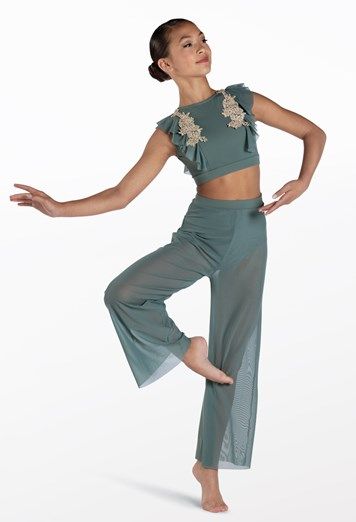 Ruffled Mesh Appliqué Dance Pants Set | Weissman® Lyrical Dance Costumes Solo, Modern Dance Outfit, Revolution Dance Costumes, Red Dance Costumes, Contemporary Dance Outfits, Dance Jumpsuit, Modern Dance Costume, Cute Dance Costumes, Tap Costumes