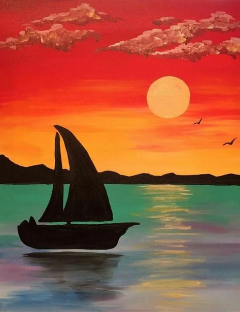 Sunset Canvas Painting, Sunset Painting Acrylic, Wine And Canvas, Summer Painting, Oil Pastel Drawings, Boat Painting, Indian Art Paintings, Nature Art Painting, Night Painting