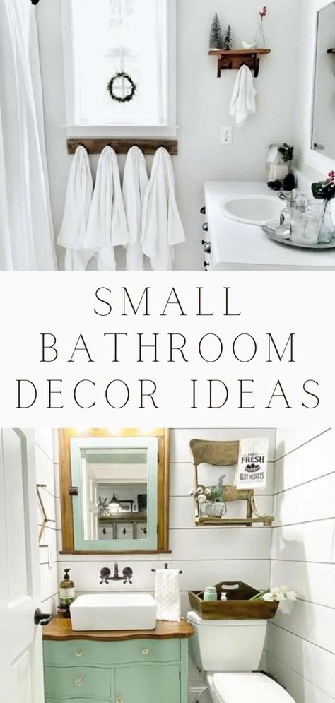 If you're looking for small bathroom decor ideas for your farmhouse, look no farther. We have some great small bathroom remodel ideas that you'll love. Our friends have some perfect tiny bathroom decorating ideas and we can't wait to show them to you. A powder room can be dolled up. New sink cabinetry, a clawfoot bathtub, shelving and tiling can all be additions to a small bathroom remodel. Small Bathroom Remodel Ideas, Small Bathroom Decor Ideas, Small Farmhouse Bathroom, Small Apartment Bathroom, Bathroom Remodel Ideas, Bad Inspiration, Interior Minimalista, Small Bathroom Ideas On A Budget, Toilet Room