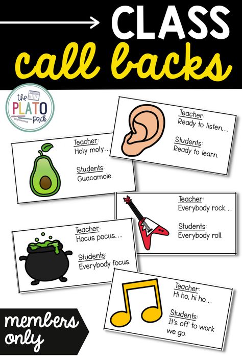 These class call back cards can really up your classroom management game! Choose from 12 different call backs for the class to use. #classcallbacks #callbackcards Call Backs For Teachers, Class Call Backs, Classroom Call Backs, Teaching Hacks, Playdough To Plato, Management Games, Classroom Management Tool, 2nd Grade Ela, Spring Semester