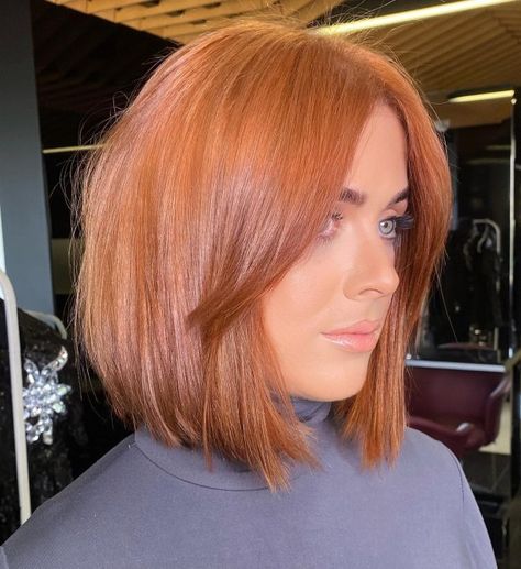 Bright Blunt Bob with Long Side Bangs Bob With Long Side Bangs, Perfect Middle Part, Copper Bob Hair, Red Bob Haircut, Short Copper Hair, Red Bob Hair, Shadow Roots, Bobbed Hairstyles With Fringe, Peach Hair Colors