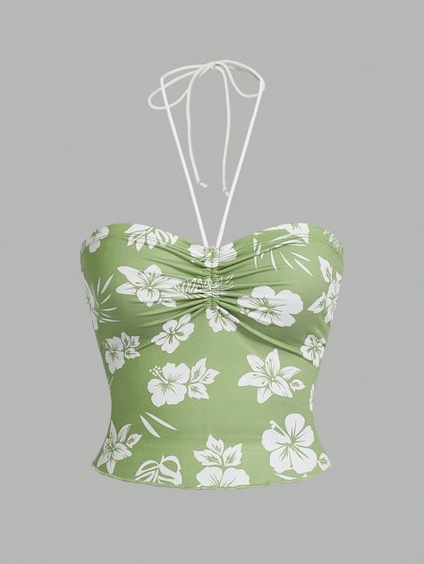 SHEIN MOD Women  Botanical Printed Halter Neck Drawstring TopI discovered amazing products on SHEIN.com, come check them out! Green Summer Outfit, Y2k Street Style, Cute Outfits With Leggings, Verde Lima, Drawstring Top, 2000s Fashion Outfits, Boho Green, Easy Trendy Outfits, Causual Outfits