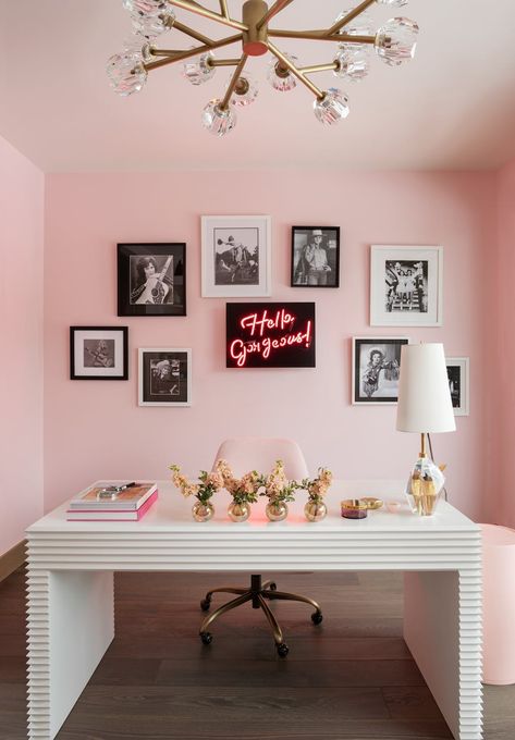 On Display | Interior Design | Alder & Tweed Design Co. Office With Pink Walls, Fun Office Colors, Modern Pink Office, Pink And Purple Home Decor, Pink Maximalist Office, Feminine Office Colors, Pink Office Inspiration, Pink Wall Office, Girlie Office Ideas Work Spaces