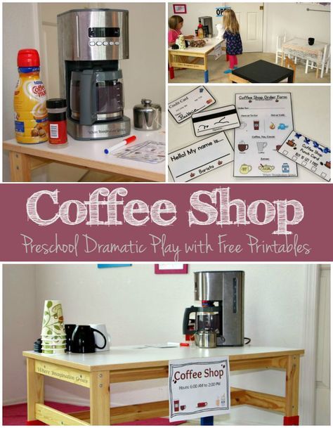 Dramatic Play Coffee Shop for Preschoolers with Free Printables! Fun pretend play activity! Coffee Shop For Kids, Play Coffee Shop, Preschool Dramatic Play, Pretend Play Printables, Dramatic Play Themes, Dramatic Play Printables, Fantasy Play, Play Props, Gratis Printables